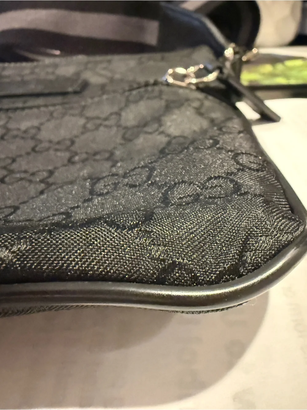 Authentic Gucci Black GG Monogram Messenger Bag with Striped Strap
